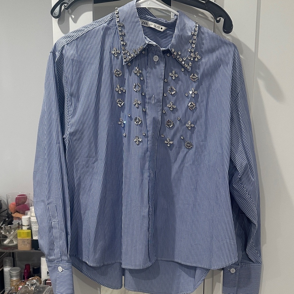 Zara Blue Striped Button Down Shirt with Embellishments